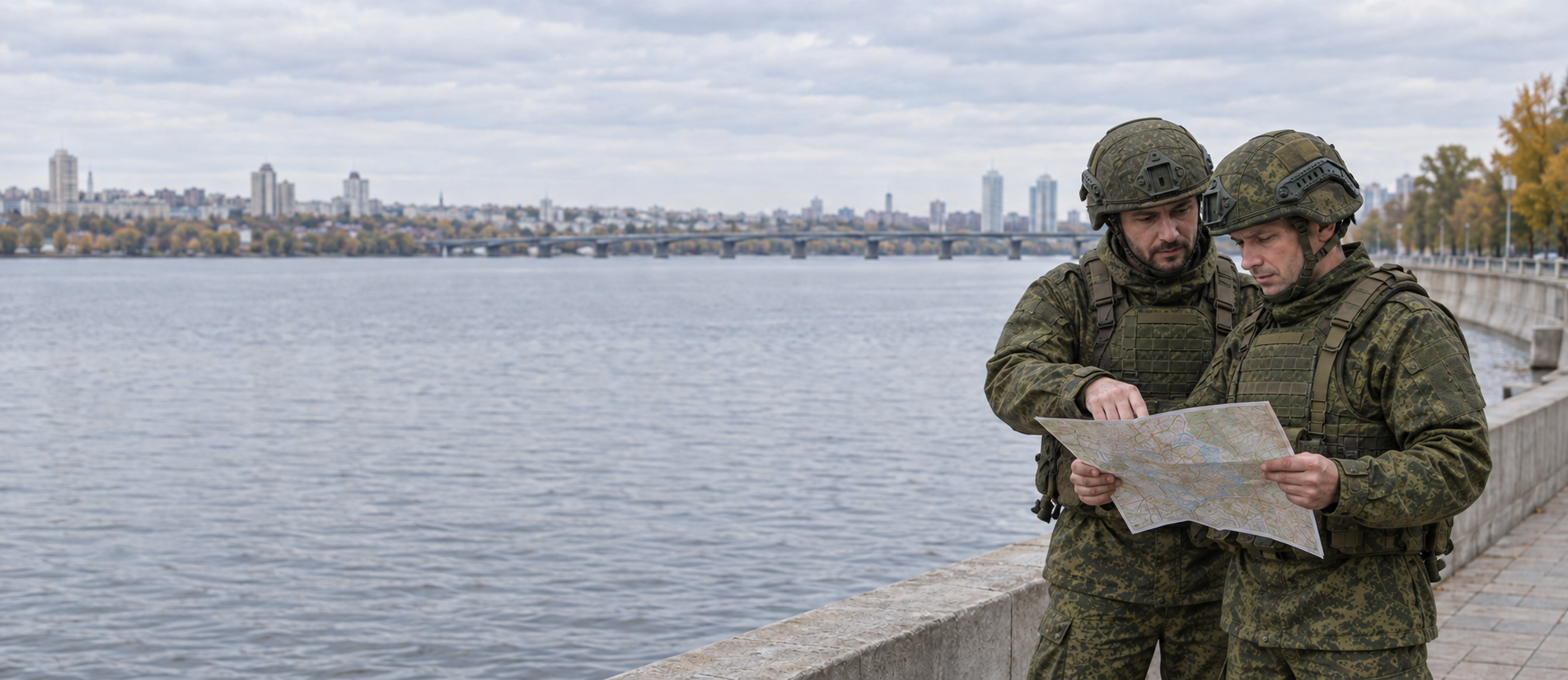Два военнослужащих изучают карту у Воронежского водохранилища